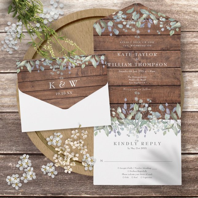 Rustic Wood Sage And Lilac Floral Monogram Wedding All In One Invitation (Rustic Wood Sage And Lilac Floral Monogram Wedding All In One Invitation)