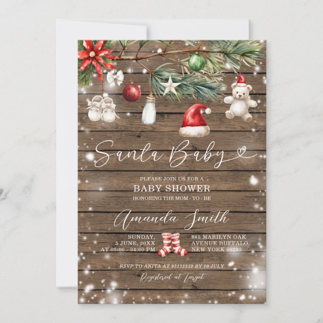 Rustic Wood Santa Baby Merry Christmas Baby Shower Invitation (Front)