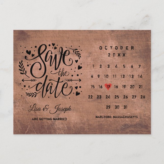 Rustic Wood Save the Date Calendar Red Love Heart Announcement Postcard (Front)