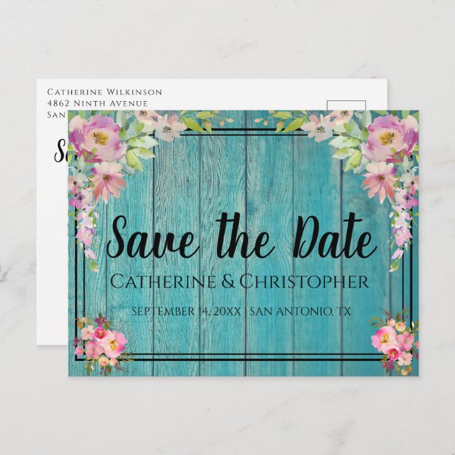 Rustic Wood Save the Date Pink Floral Announcement Postcard (Front/Back)