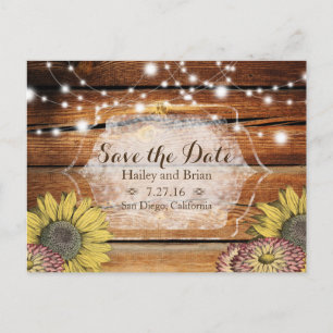 Rustic Wood Save the Date Postcard with Sunflowers