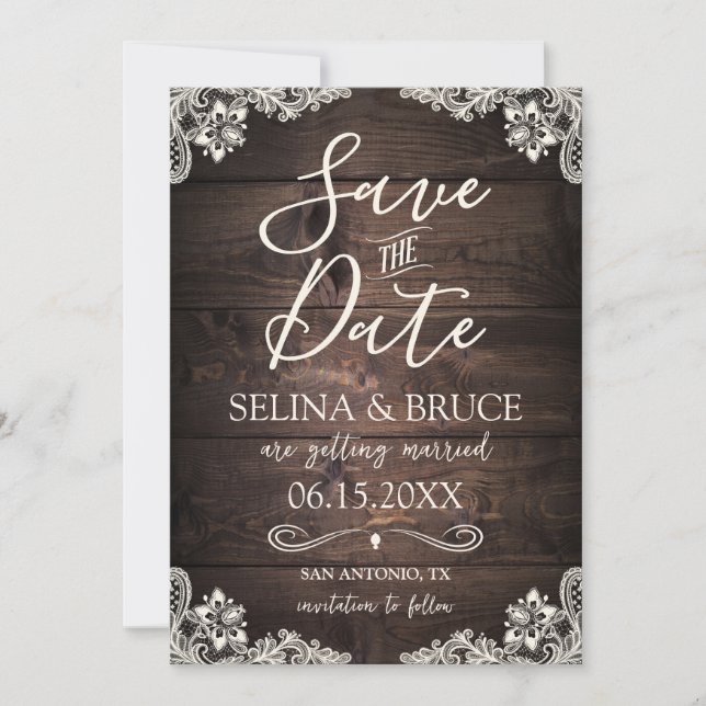 Rustic Wood Save the Date Vintage Lace Invitation (Front)