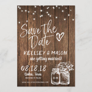 Rustic Wood Save the Date with Mason Jars & Lights Invitation
