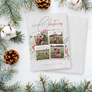 Rustic Wood & Script 4 Photo Merriest Christmas Holiday Card