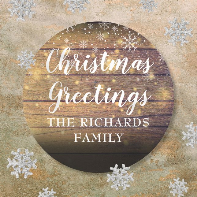 Rustic Wood Script Christmas Greetings Family Name Classic Round Sticker (Rustic Wood Script Christmas Greetings Family Name Classic Round Sticker)
