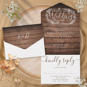 Rustic Wood Script Monogram Floral Wedding All In One Invitation