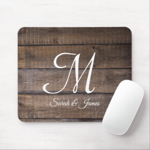 Rustic Wood Script Monogram Name Mouse Pad