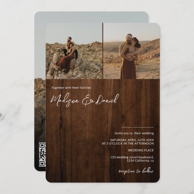 Rustic wood script names 3 photos qr code wedding invitation (Front/Back)