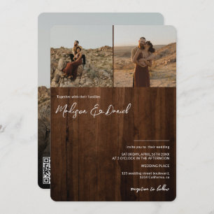 Rustic wood script names 3 photos qr code wedding invitation