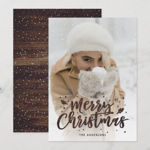 Rustic Wood Script Snow Photo Christmas Cards