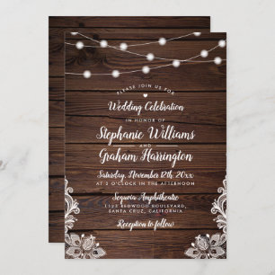 Rustic Wood Script String Lights & Lace Wedding Invitation