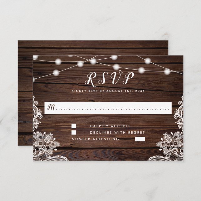 Rustic Wood Script String Lights & Lace Wedding RSVP Card (Front/Back)
