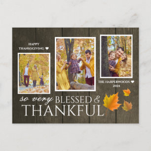 Rustic Wood Script thanksgiving family 3 photo Holiday Postcard