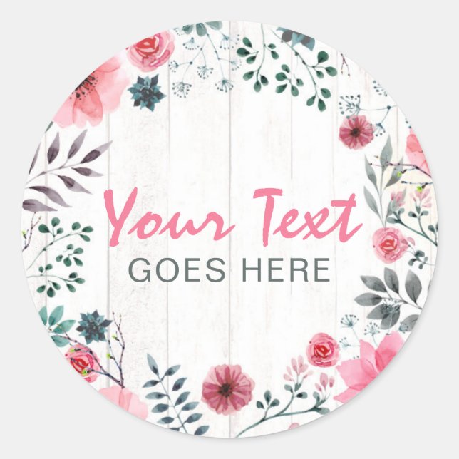 Rustic Wood Shabby Chic Pink Roses Anemone Floral Classic Round Sticker (Front)
