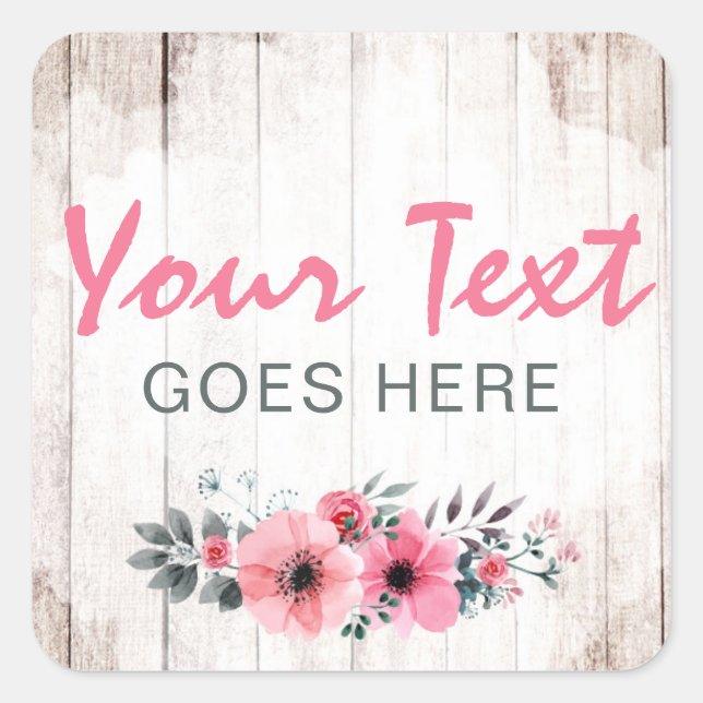 Rustic Wood Shabby Chic Pink Roses Anemone Floral Square Sticker (Front)