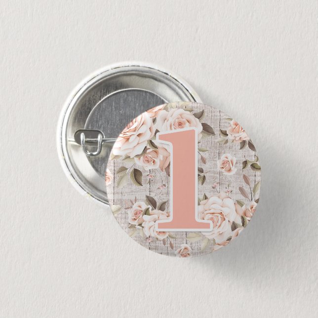 Rustic Wood & Shabby Chic Roses 1st Birthday Party 3 Cm Round Badge (Front & Back)