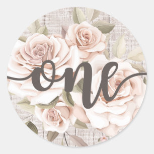 Rustic Wood & Shabby Chic Roses 1st Birthday Party Classic Round Sticker