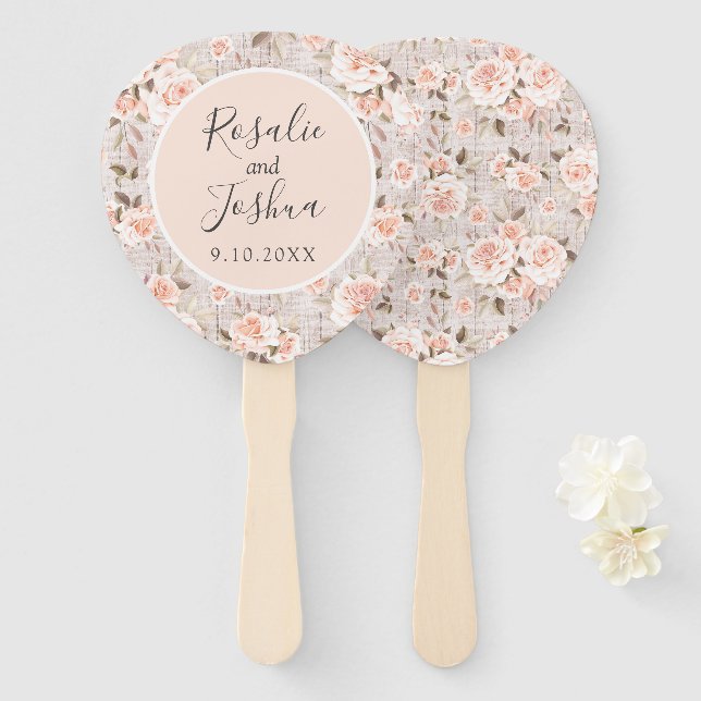 Rustic Wood Shabby Chic Roses Names & Wedding Date Hand Fan (Front and Back)