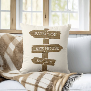 Rustic Wood Signpost Lake House Cabin Cushion