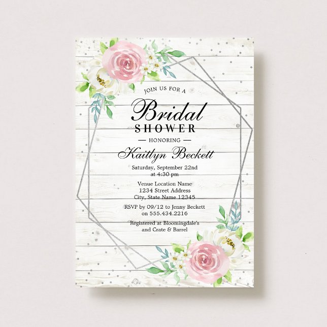 Rustic Wood Silver Foil Floral Bridal Shower Invitation (Creator Uploaded)