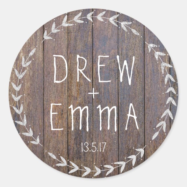 Rustic Wood Silver Wreath Wedding Sticker (Front)