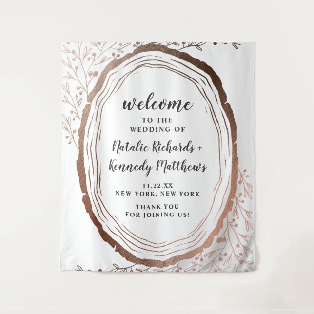 Rustic Wood Slice Copper Foil Fall Wedding Welcome Tapestry (Front)