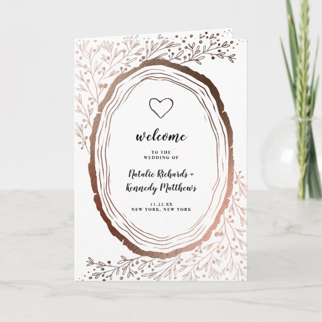 Rustic Wood Slice Copper Foil Wedding Ceremony Programme (Front)