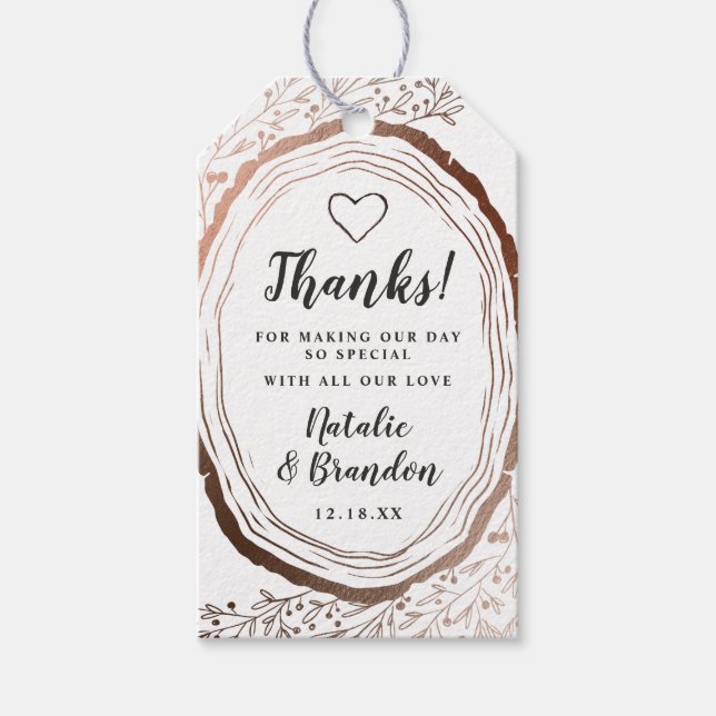 Rustic Wood Slice Copper Foil Wedding Thank You Gift Tags (Front)
