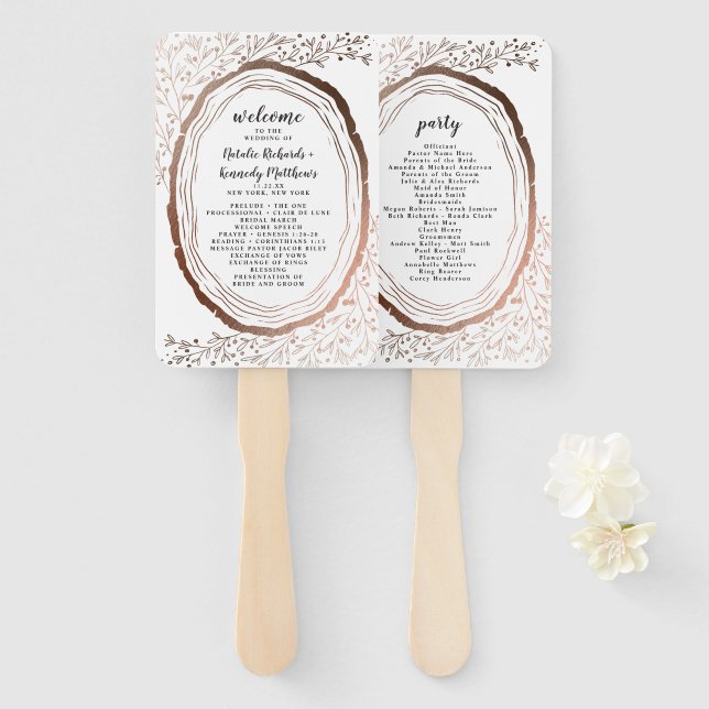 Rustic Wood Slice Copper Wedding Ceremony Program Hand Fan (Front and Back)