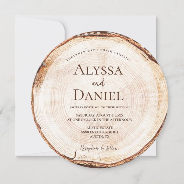 Rustic Wood Slice Editable Wedding Invitation (Front)