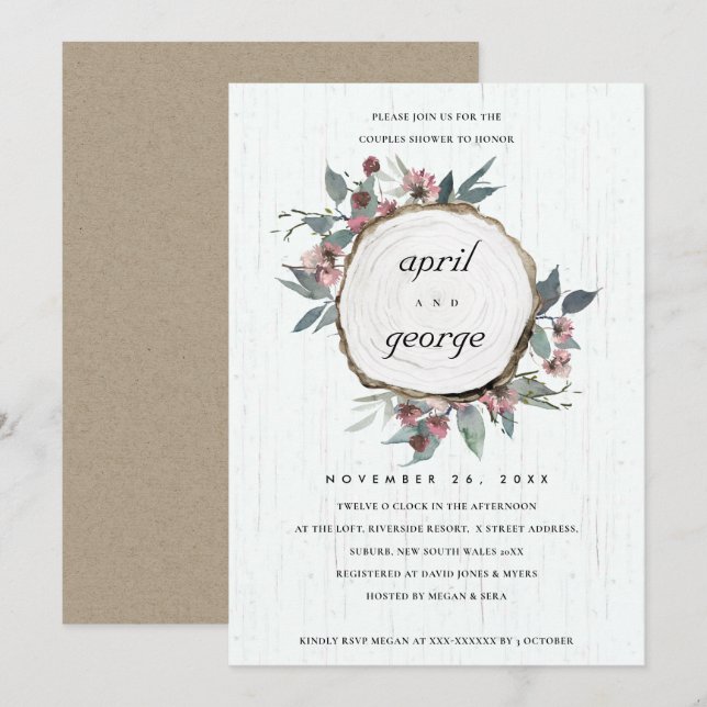 RUSTIC WOOD SLICE FLORAL COUPLES SHOWER INVITE (Front/Back)