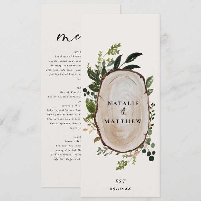 Rustic Wood Slice Foliage Wedding Greenery Menu (Front/Back)