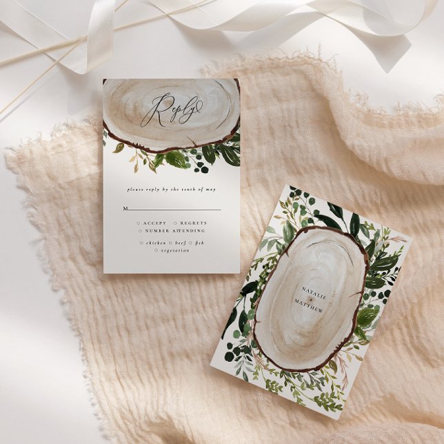 Rustic Wood Slice Greenery Botanical Wedding RSVP Card (Creator Uploaded)