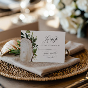 Rustic Wood Slice Greenery Botanical Wedding RSVP Card