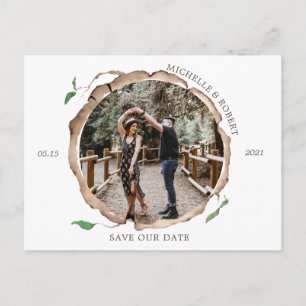 rustic wood slice photo save the date postcard