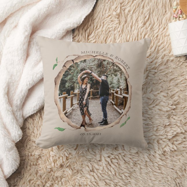 Rustic Wood Slice Photo Wedding Monogram Cushion (Blanket)