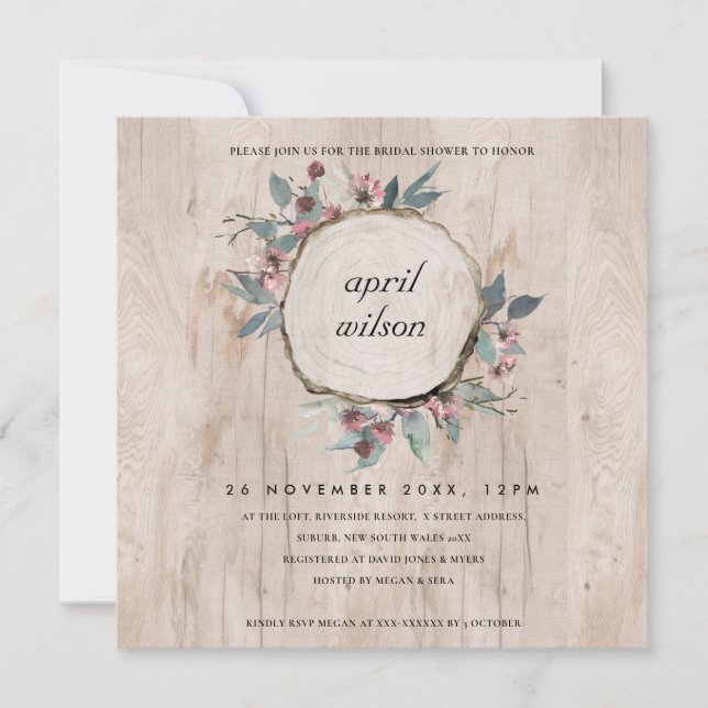 RUSTIC WOOD SLICE PINK FLORA BRIDAL SHOWER INVITE (Front)