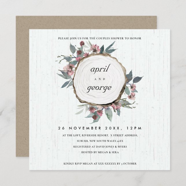 RUSTIC WOOD SLICE PINK FLORA COUPLES SHOWER INVITE (Front/Back)
