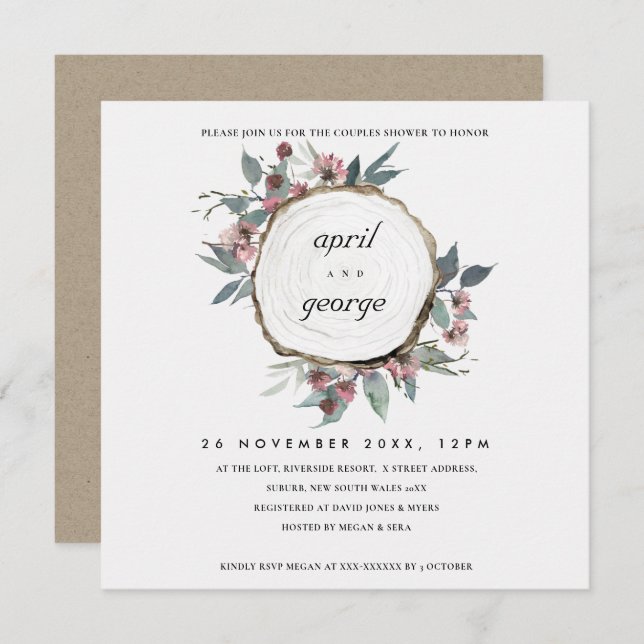 RUSTIC WOOD SLICE PINK FLORA COUPLES SHOWER INVITE (Front/Back)