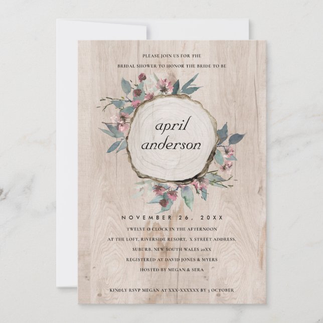 RUSTIC WOOD SLICE PINK FLORAL BRIDAL SHOWER INVITE (Front)