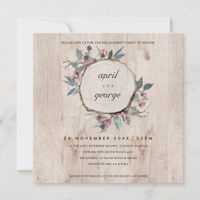RUSTIC WOOD SLICE PINK FLORAL ENGAGEMENT INVITE (Front)