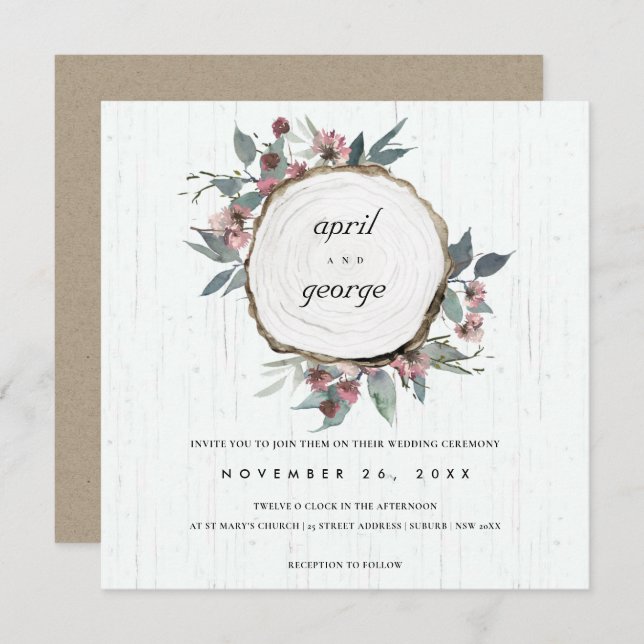 RUSTIC WOOD SLICE PINK GREEN FLORAL WEDDING INVITE (Front/Back)