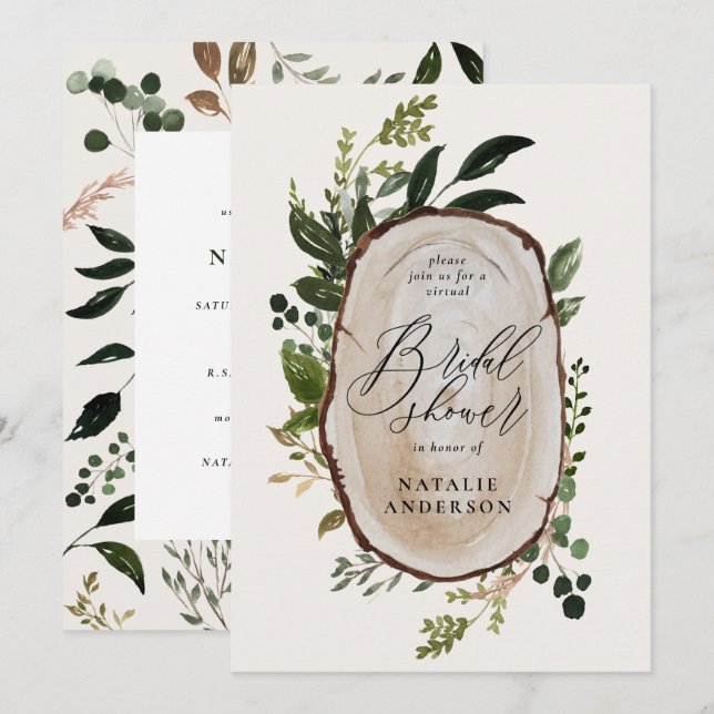 Rustic wood slice virtual bridal shower invitation (Front/Back)