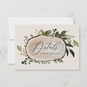 Rustic wood slice wedding details save the date