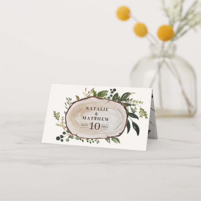 Rustic wood slice wedding place card (Front)