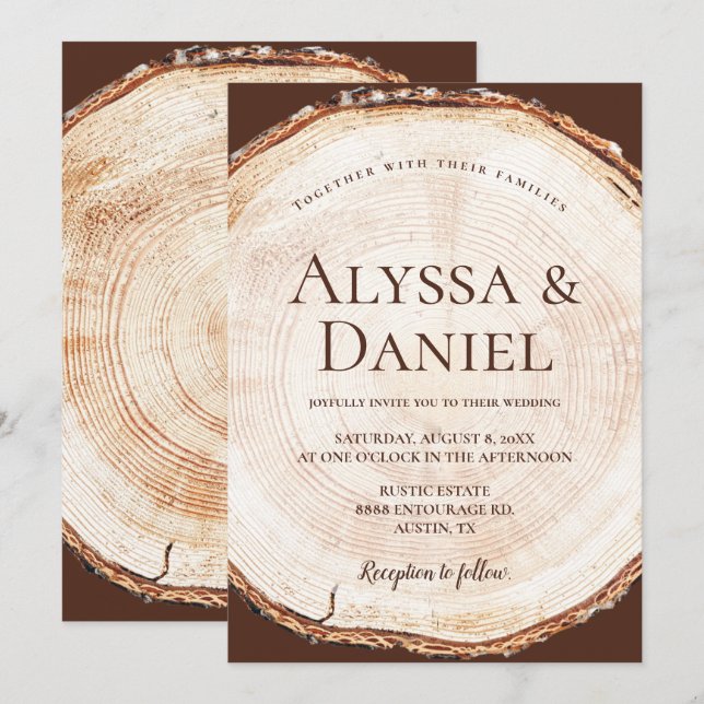 Rustic Wood Slice Wedding Woodland Tree Custom Invitation (Front/Back)