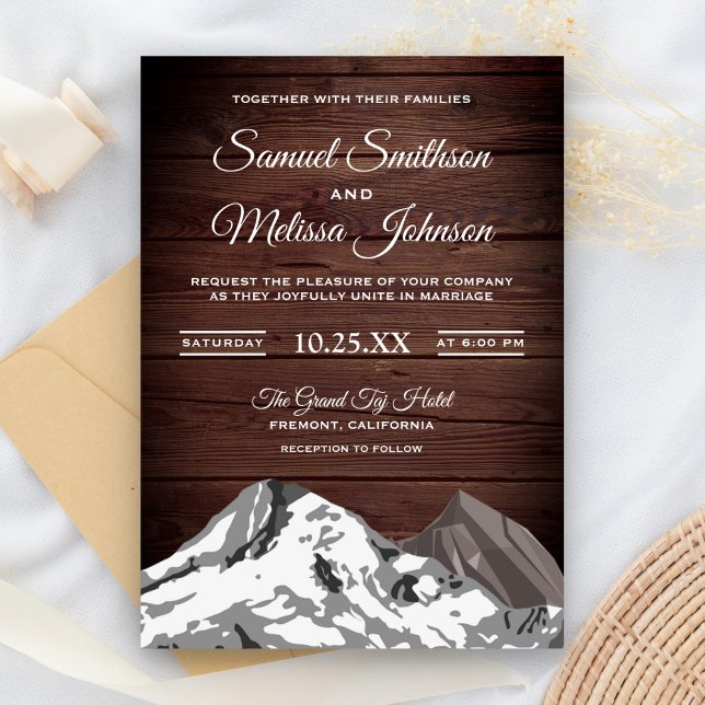 Rustic Wood Snow Capped Mountains Wedding Invite (Creator Uploaded)