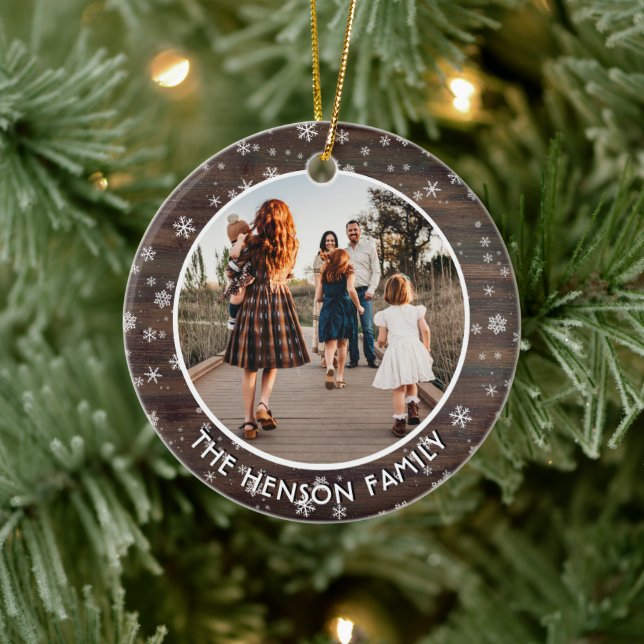 Rustic Wood Snowflake Christmas Family Photo Ceramic Tree Decoration (Tree)