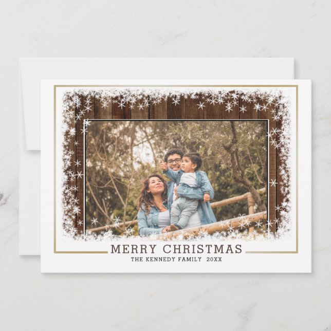 Rustic Wood Snowflake  Family Photo Christmas Holiday Card (Front)