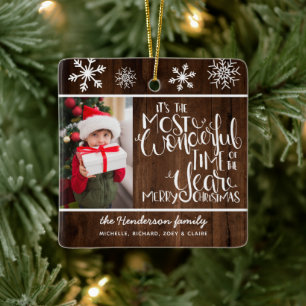 Rustic Wood Snowflake Merry Christmas Ceramic Ornament